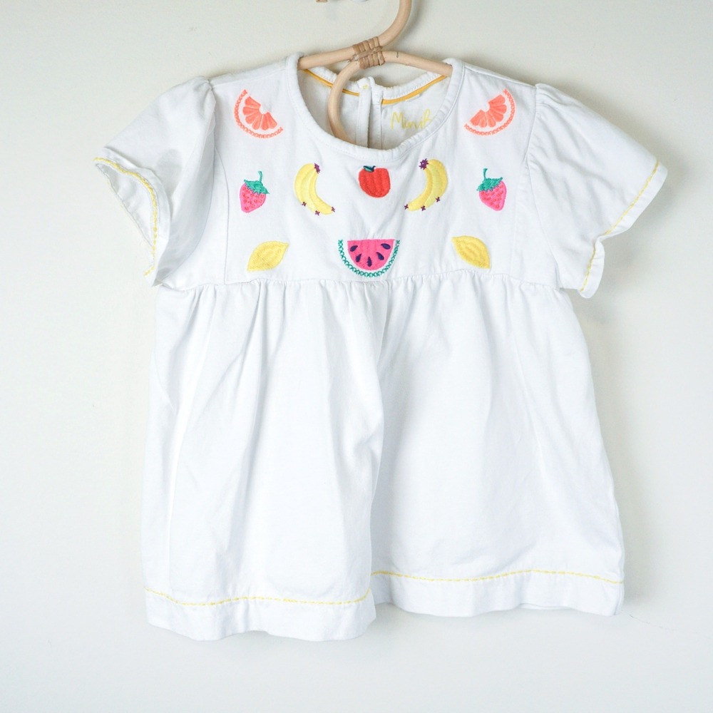 Mini Boden Fruit Embroidered Top Kids 5-6Y White Short Sleeve Blouse
